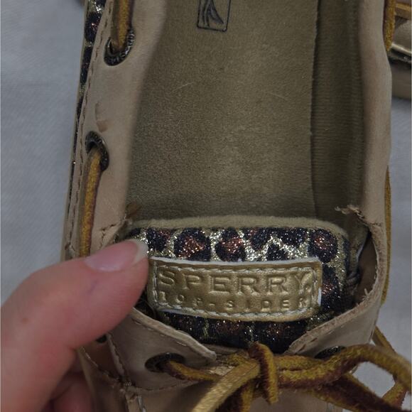 SPERRY Top-Siders Tan Boat Shoes with Glitter Leopard Print Pattern Size 13.5 - Picture 8 of 10
